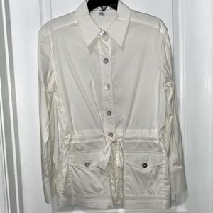 ST JOHN Safari Utility Shirt M Ivory beige l/s drawstring button front NICE!